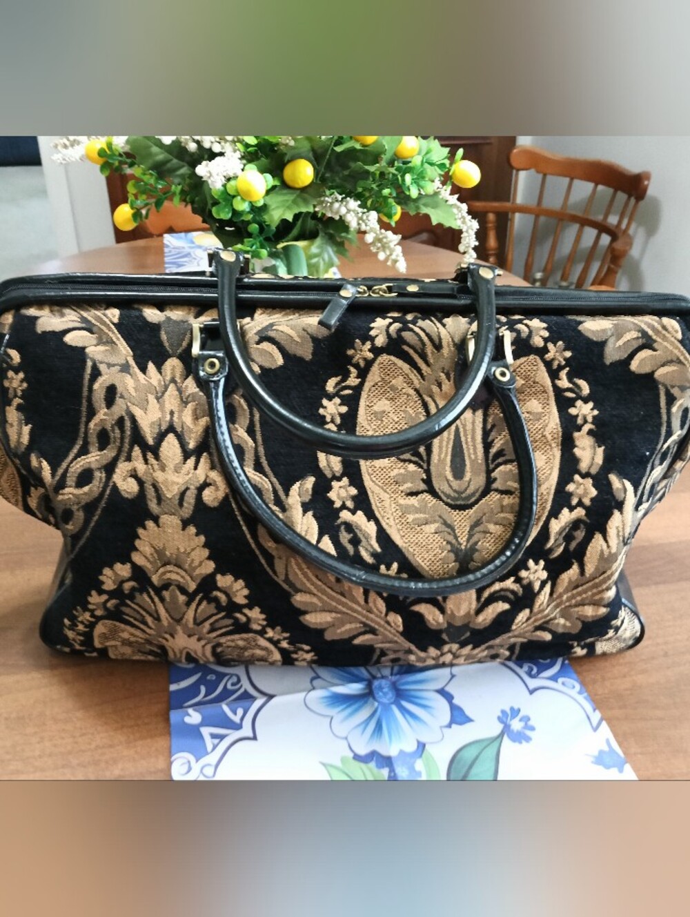 Bueno Large Black & Gold Embroidered Travel Bag (18 3/4" x 12"W x 11"H)